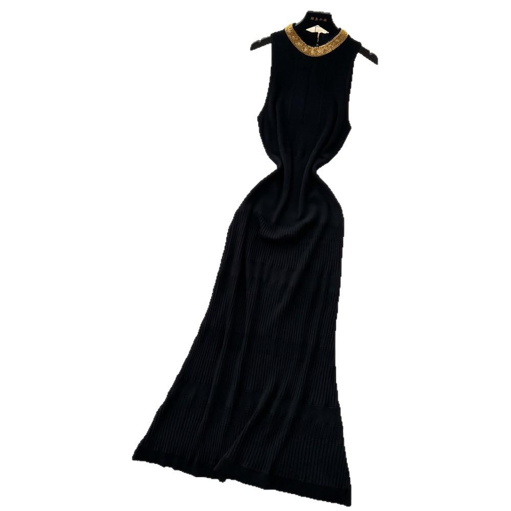Qianjin wind sleeveless knitted slim dress women's summer hollow breathable high waist thin temperament long dress