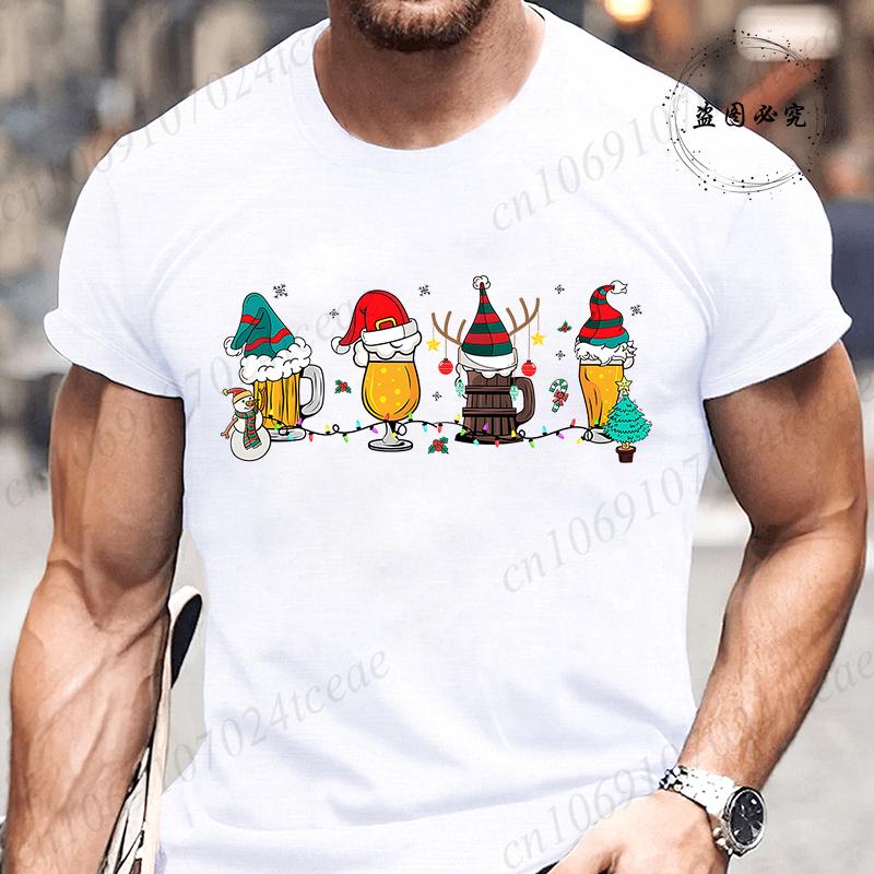 Fashionable Merry Christmas Beer Pattern Men's T-shirt Fashionable Trend Drinking Beer Printed T-shirt Fun Christmas Party Shirt Top