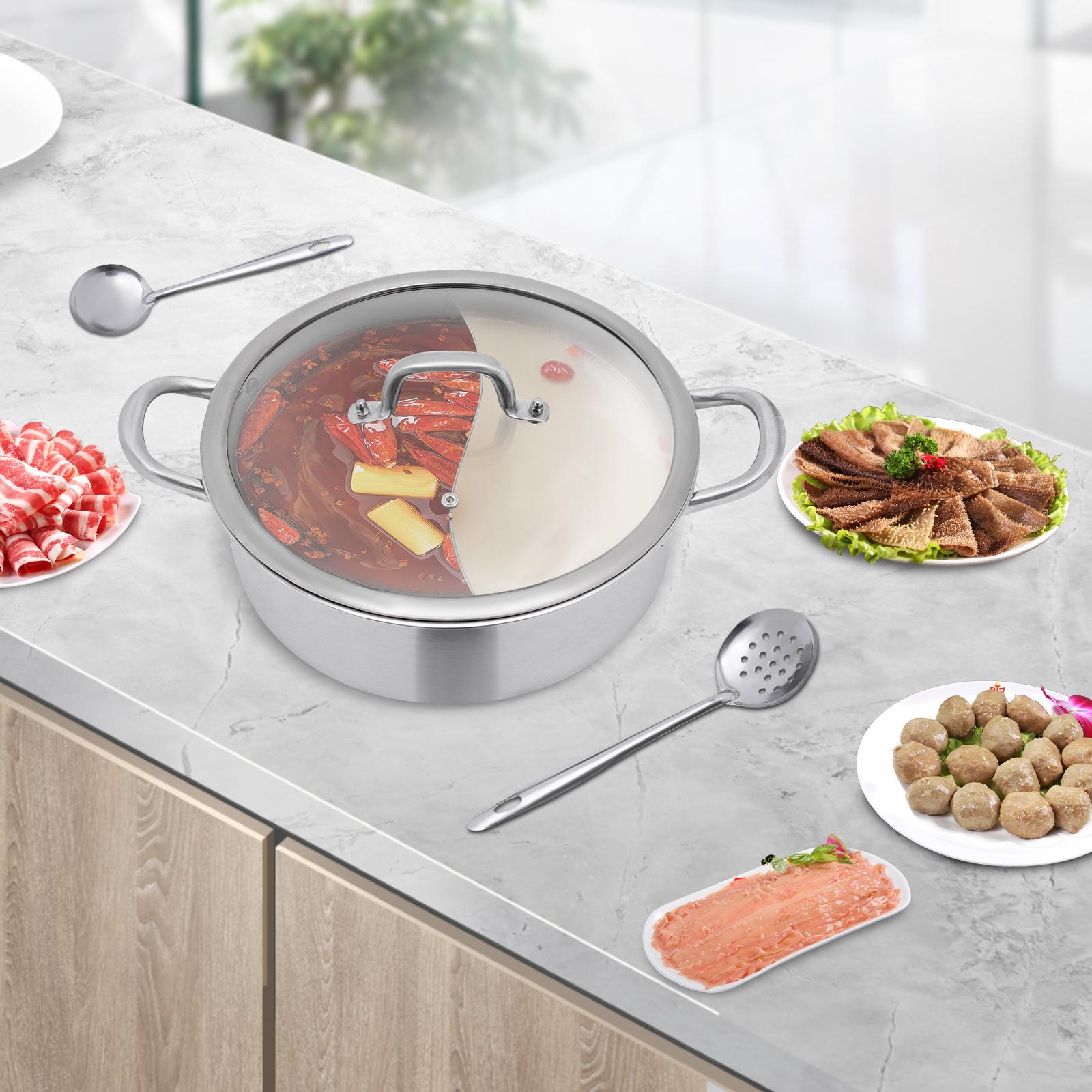 

32cm Stainless Steel Hot Pot with Divider, Dual-Sided Cooking Pot, 304 Stainless Steel Pot with Glass Lid, Soup Spoon & Strainer серебряный
