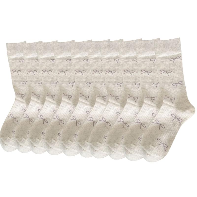 

5 Pairs Women Girls Ballet Styles Cotton Socks with Bows Pattern Elegant Middle Tube Socks for Spring and Autumn Wear абрикосовый/белый