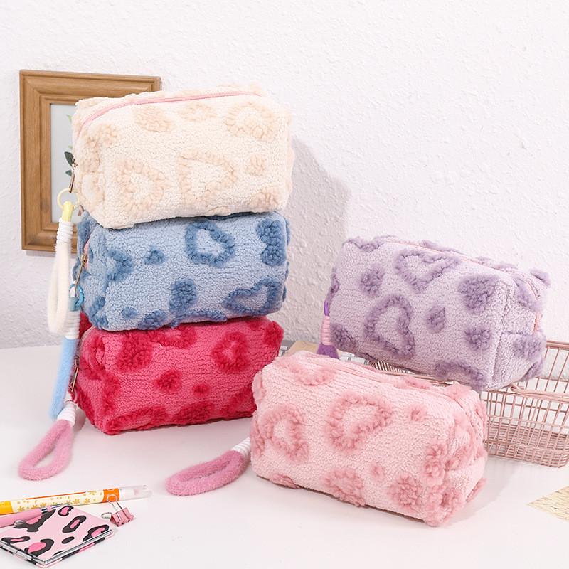 Cute Pink Plush Pen Case With Spacious Design For Girls Stationery Organizer For School Use