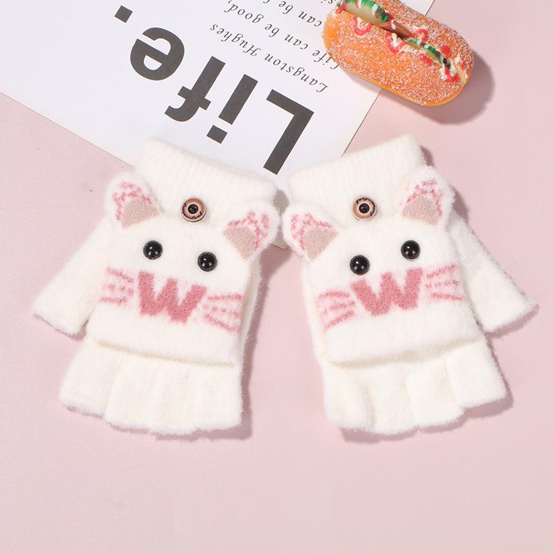 New Children's Knitted Finger Gloves Winter Boys and Girls Warm Fleece Thickened Cartoon Half Finger Flip Gloves