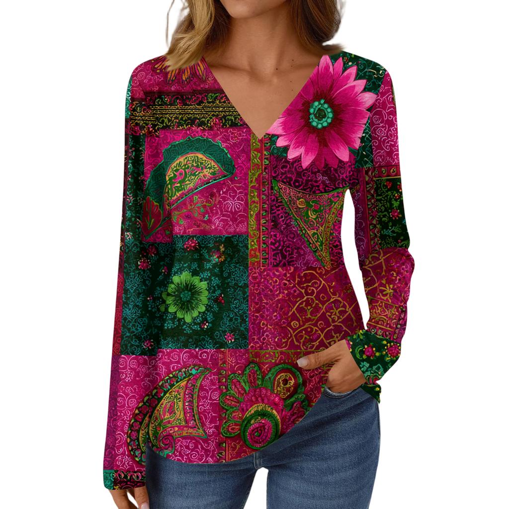 Women's Casual Fashion Brushed Retro Floral Print Long Sleeve V-Neck Top T-Shirt