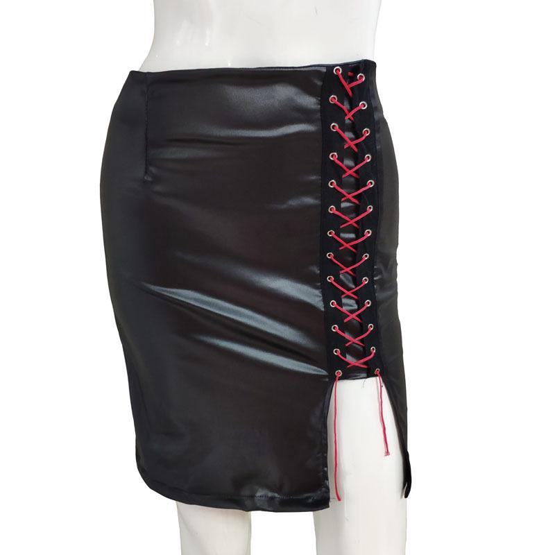 European and American Women's Black Faux PU Leather High Waist Eyelet Midi Skirt