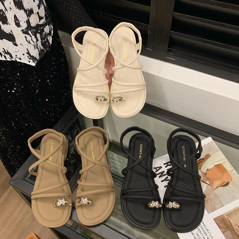 New Roman soft-soled outer wear summer flat-soled skirt beach sandals style with 2025 fairy set toe sandals female rhinestones
