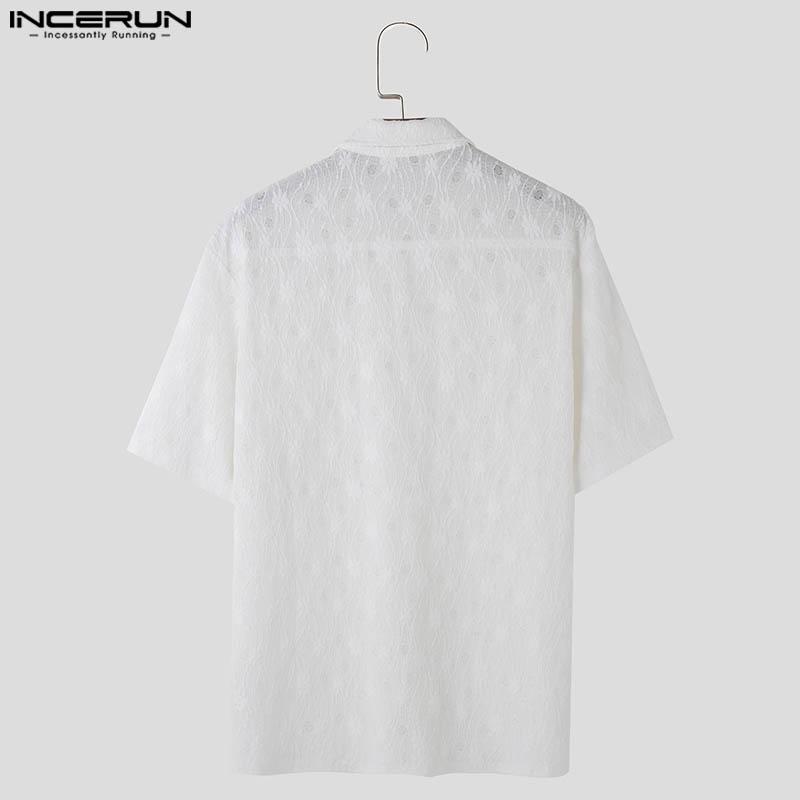 INCERUN Men Floral Short Sleeve See Through Tops Summer Lapel Neck Buttons Texture Shirts