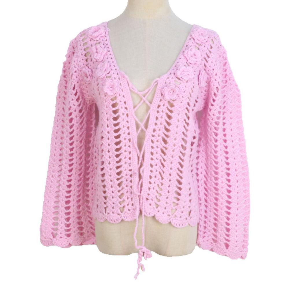 Chunky Knit V-Neck Crochet Sweater: Spring/Summer Long Sleeve Hollowed Pullover for Women
