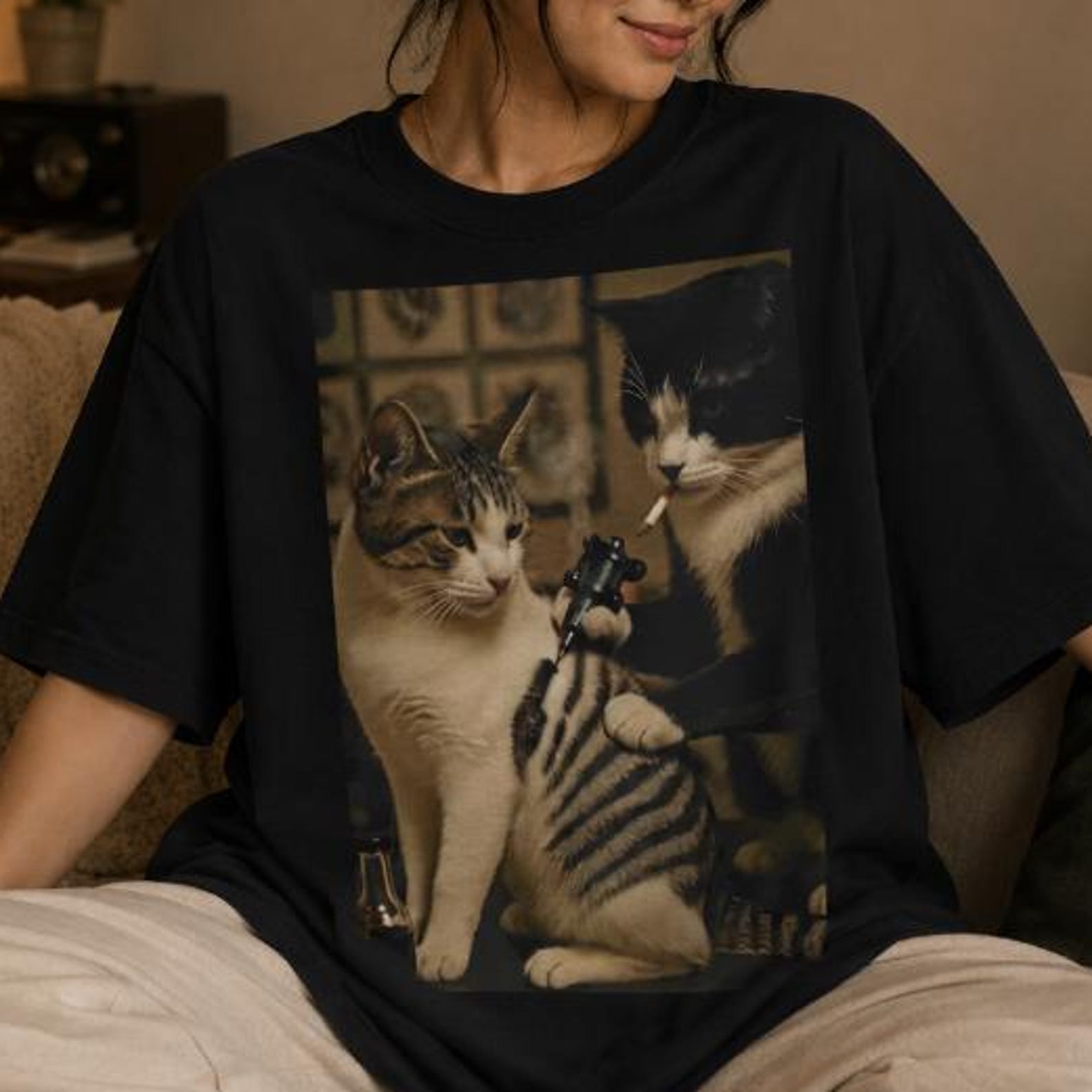 Funny Tattoo CaT-Shirt, Cat Tattoo Artist Tee, Vintage Cat Graphic T-Shirt, Black Cat Lover Gift, Gildan 5000 Unisex Tee S