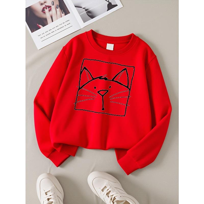 Kids Long‑Sleeve Crewneck Sweatshirt, Cute Cat Face Design Print,Daily Casual Top for Spring & Autumn