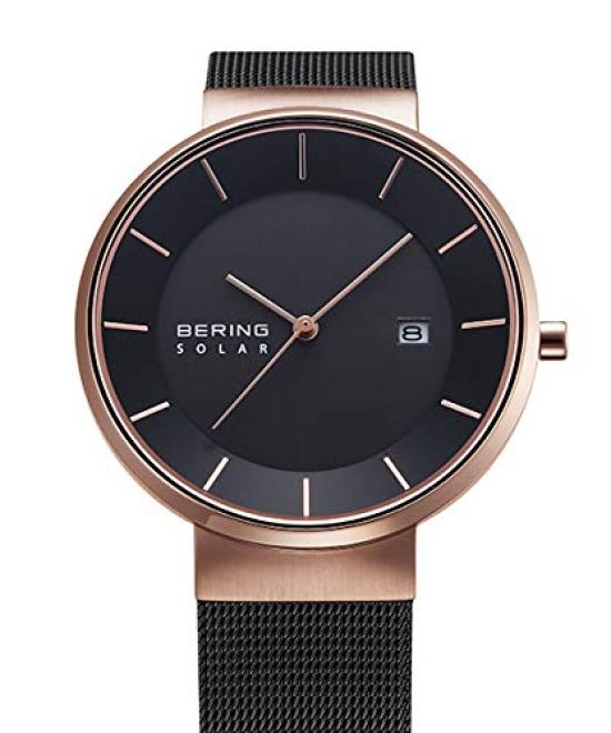 BERING Solar Homme et Femme (Unisexe) Bracelet en maille d'acier inoxydable noir x or rose, verre saphir 16439-166, produit importé authentique, garantie de 3 ans