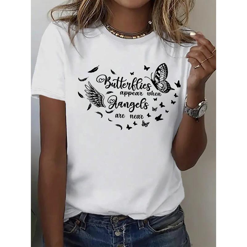 Women S Black T-Shirt with Inspirational Angel & Butterfly Print Butterflies Appear When Angels Are Near  Design, Casual Crew Neck Short Sleeve Tee, S белый