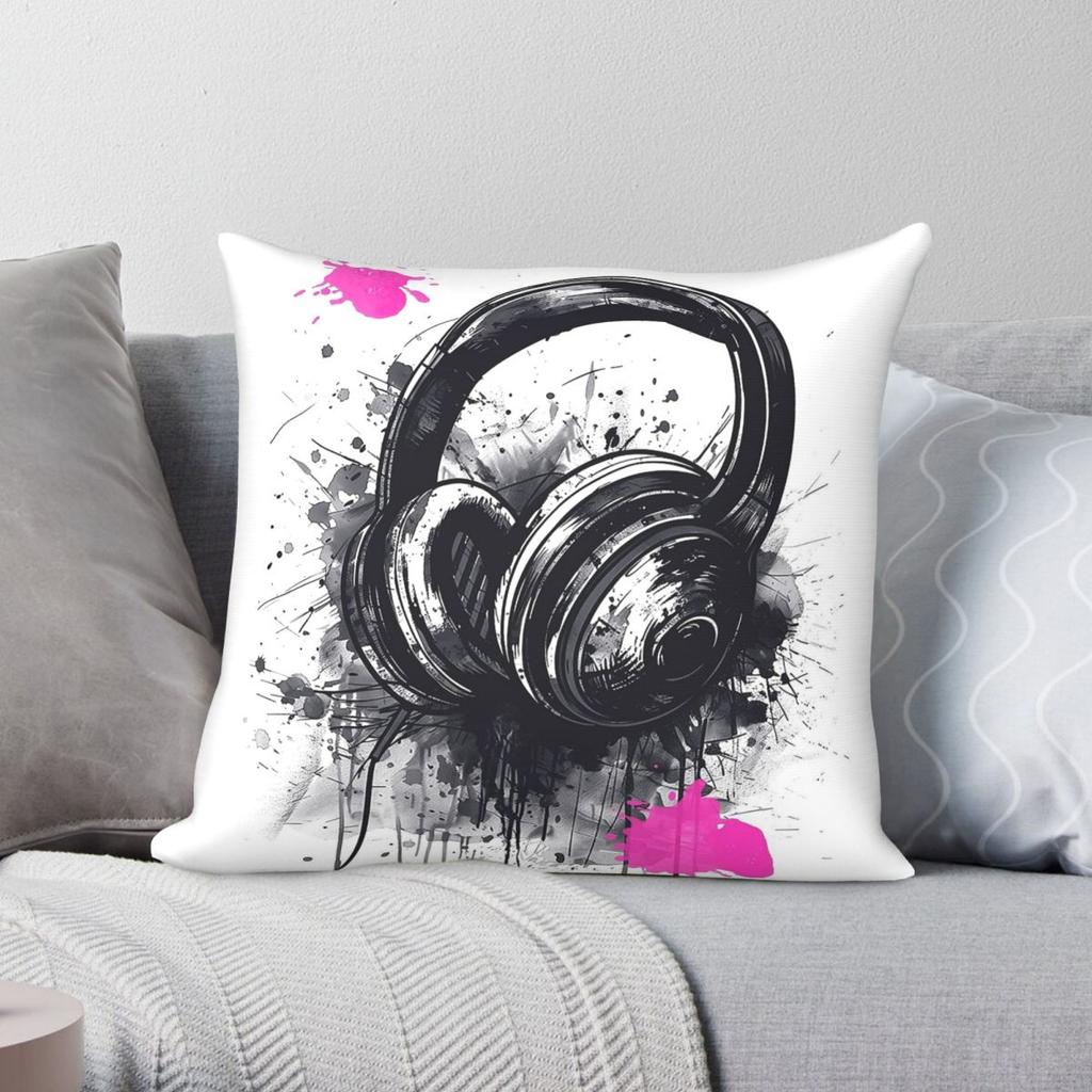 Headphones Music DJ Square Pillowcase Polyester Linen Velvet Printed Zip Decor Home Cushion Cover