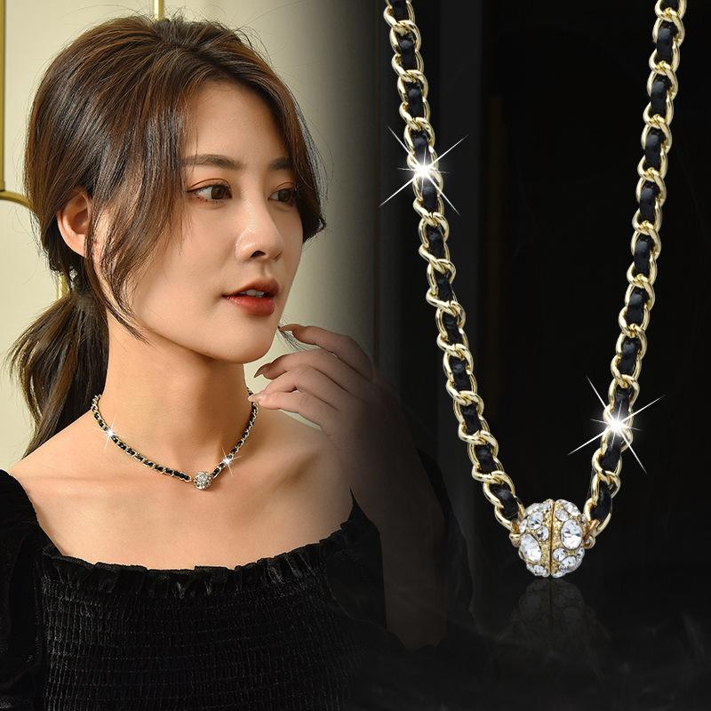 Vintage Leather Winding Chain Rhinestone Magnetic Suction Clavicle Necklace for Women Accessories