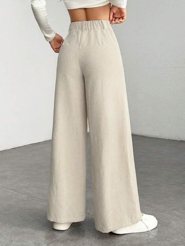 High Waist Corduroy Women's Wide Leg Pants - Casual, Loose, Floor-Length, Solid Color.