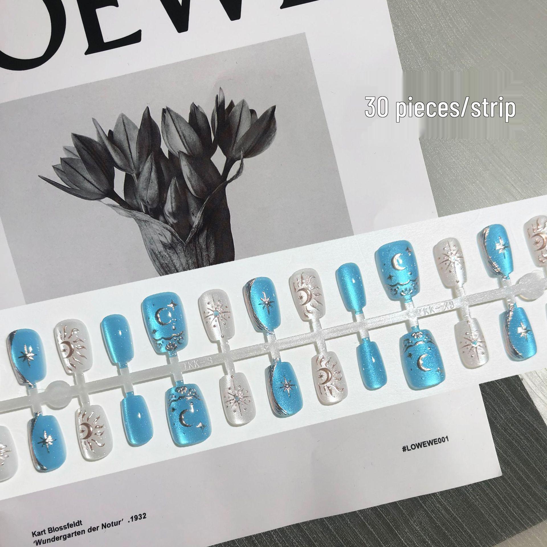 

Atlantis Blue Crystal Cat Eye Press-On Nails: Starry Blue Metallic Hand-Painted, Retro Style. XS/S/M Combined