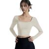 Women's Long Sleeve Yoga Top with Chest Pads - V-Neck, Stylish Back, Breathable, Comfortable, Ideal As Outerwear for Summer Sports.