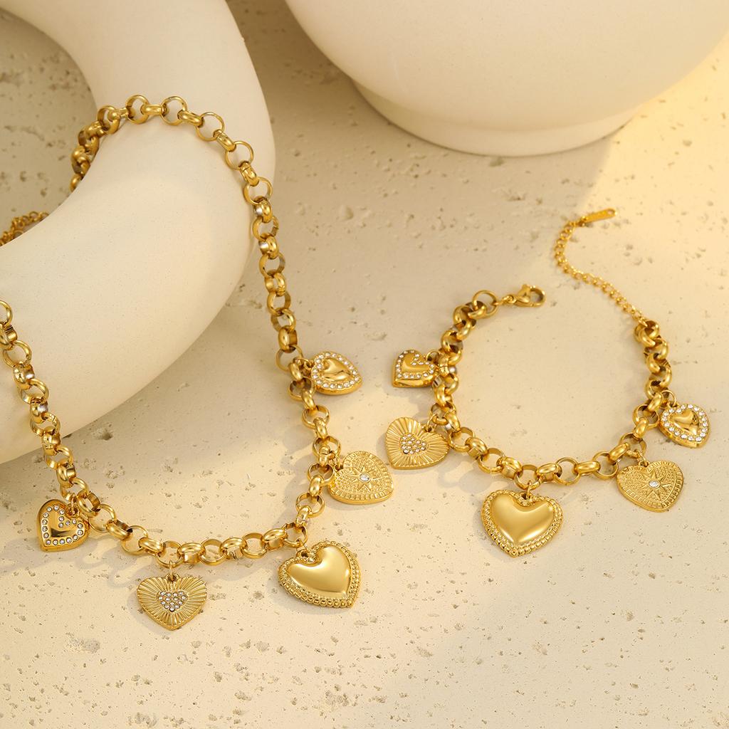 GEMCHIC Women's Gold Tone Heart Pendant Necklace and Bracelet Set Stainless Steel Charm Jewelry