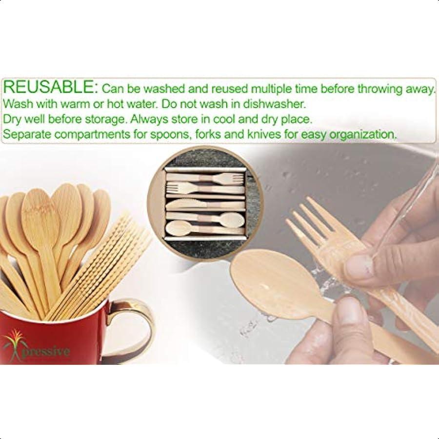 100% Bamboo Heavy Duty Disposable Cutlery [100PK:40 Fork 40 Spoon 20 Knife] Eco Friendly Natural Compostable Biodegradable Uten