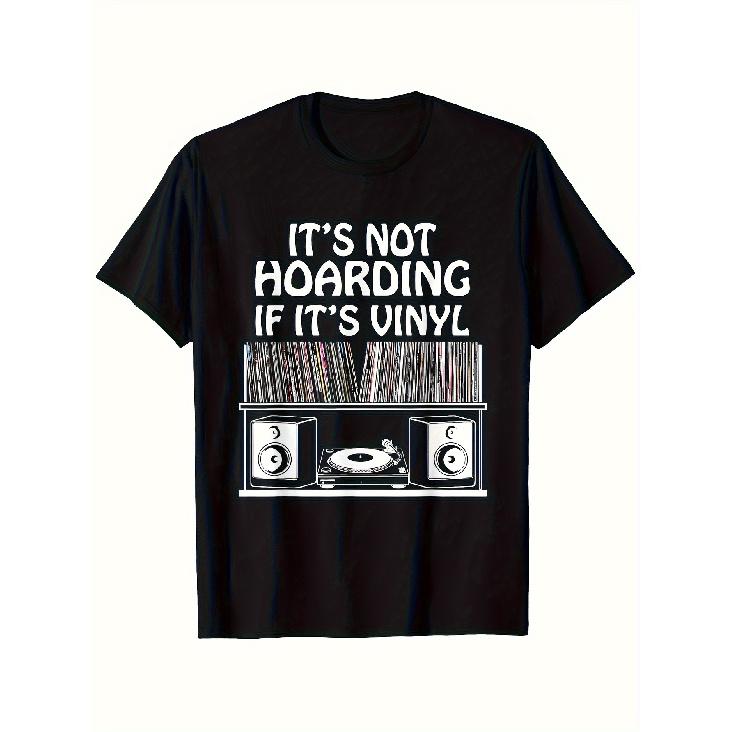 1pcMen S Heavyweight 180gsm Vintage Vinyl Record Lover T-Shirt - Funny It S Not Hoarding If It S Vinyl Graphic Tee - Retro Turntable & Record Stack S чёрный