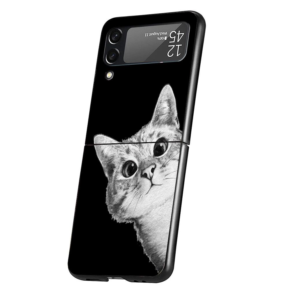 Cat Cute Kitten Cartoon Case Phone Cover for Samsung Galaxy Z Flip 7 6 5 4 3 5G ZFlip7 ZFlip6 ZFlip5 ZFlip4 ZFlip3 Black Fundas