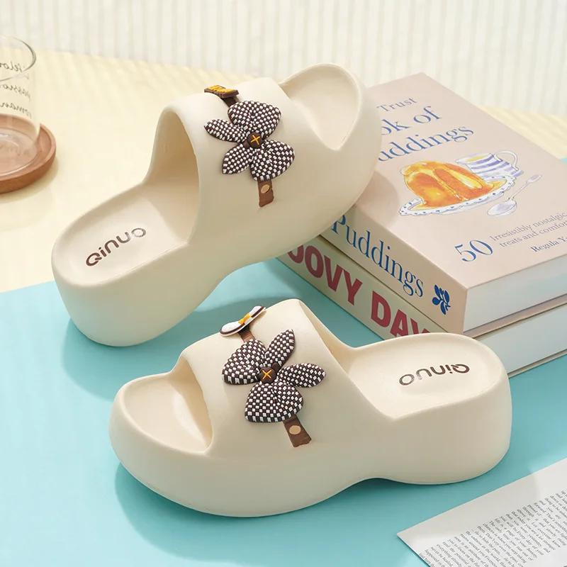 

2025 Летние шлепанцы на платформе Женские удобные однотонные с мягкой подошвой EVA Подушки-слайды Женские для пары Нескользящие пляжные шлепанцы 36 бежевый