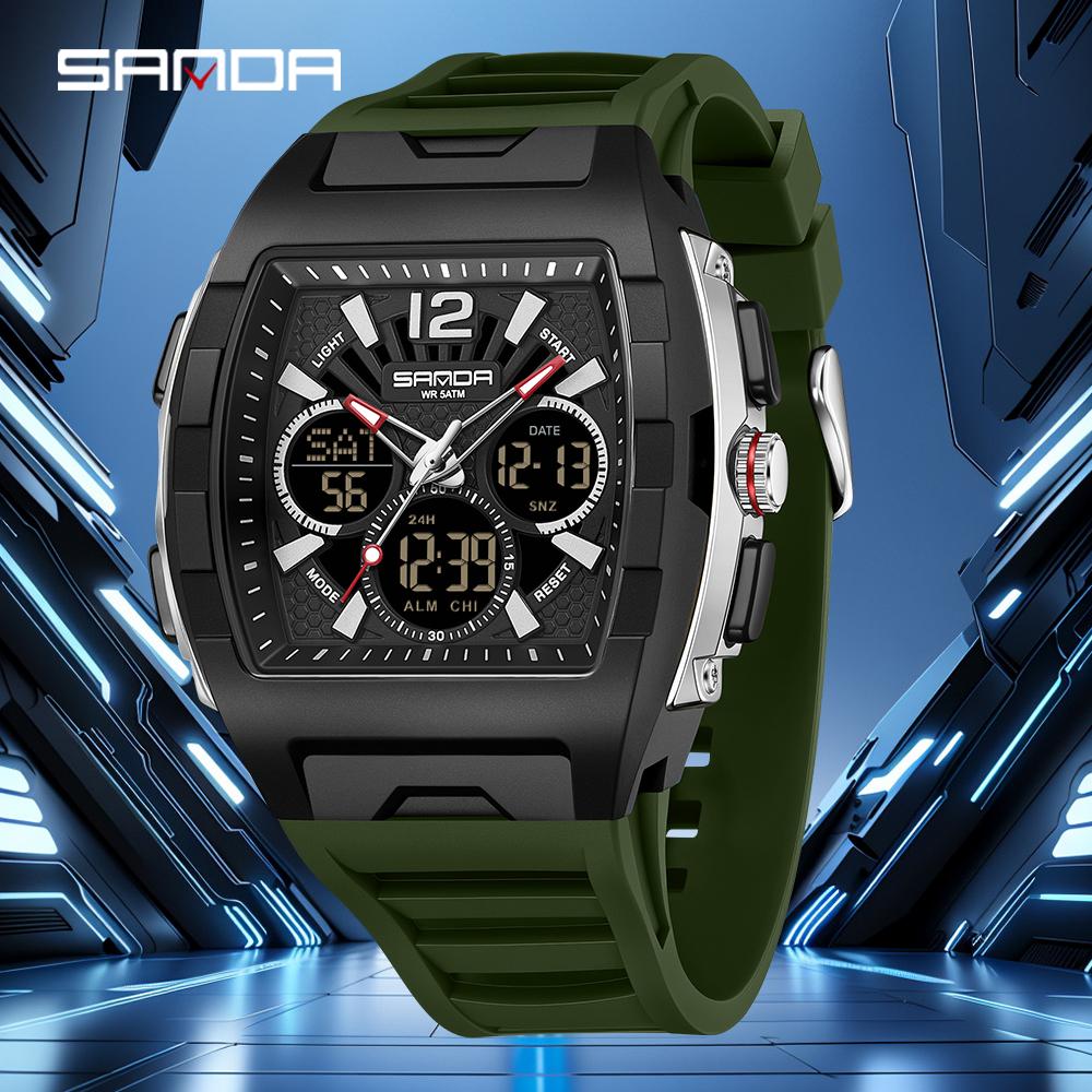 SANDA SD3396 Electronic Watches for Man Dual Display Luminous Alarm Clock Sports Waterproof LED Digital Watch