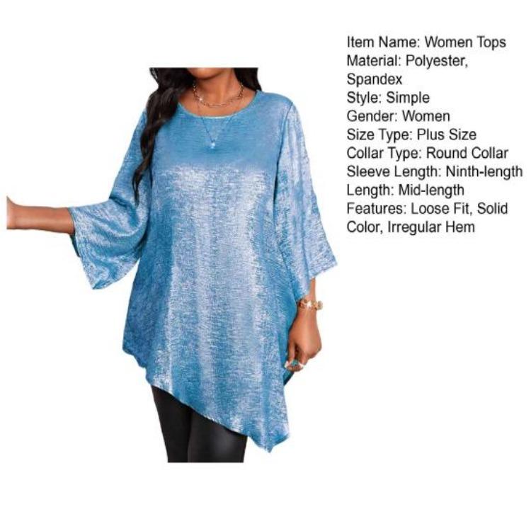 Sparkling Irregular Hem Blouse Women Loose Fit Round Neck Tee Shirt Ninth Length Sleeve Mid Top Daily Wear