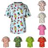 Men's Christmas Print V-Neck Short Sleeve Scrub Top with Chest Pocket