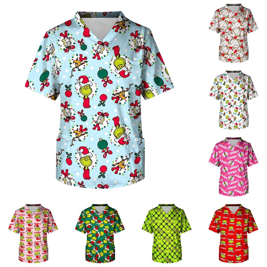 Men's Christmas Print V-Neck Short Sleeve Scrub Top with Chest Pocket