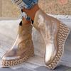 Marca de Moda Bordado de Moda Botas de Media Pantorrilla para Mujer Plataforma de Cuña Estilo Étnico Retro Tacones Altos Femeninos Botas de Caballero 2024