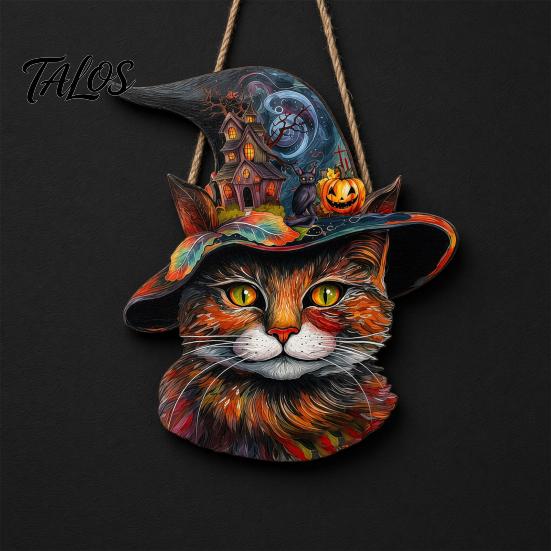 Festive Halloween Party Decor Wooden Hanging Door Sign, Cute Painted Cat Welcome Ornament with Witch Hat Haunted Lanyard House Pumpkin, Rustic