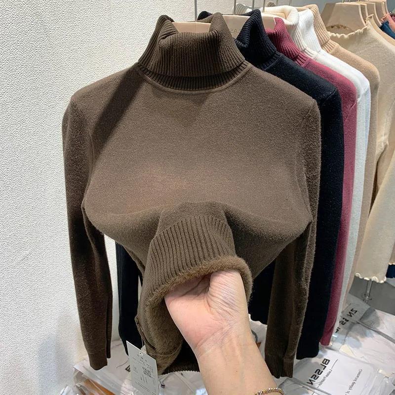 New Sweater Women's Knitted Undercoat Women's One Woolen Coat Women's Autumn and Winter Plus Wool Thick Turtleneck Pullover