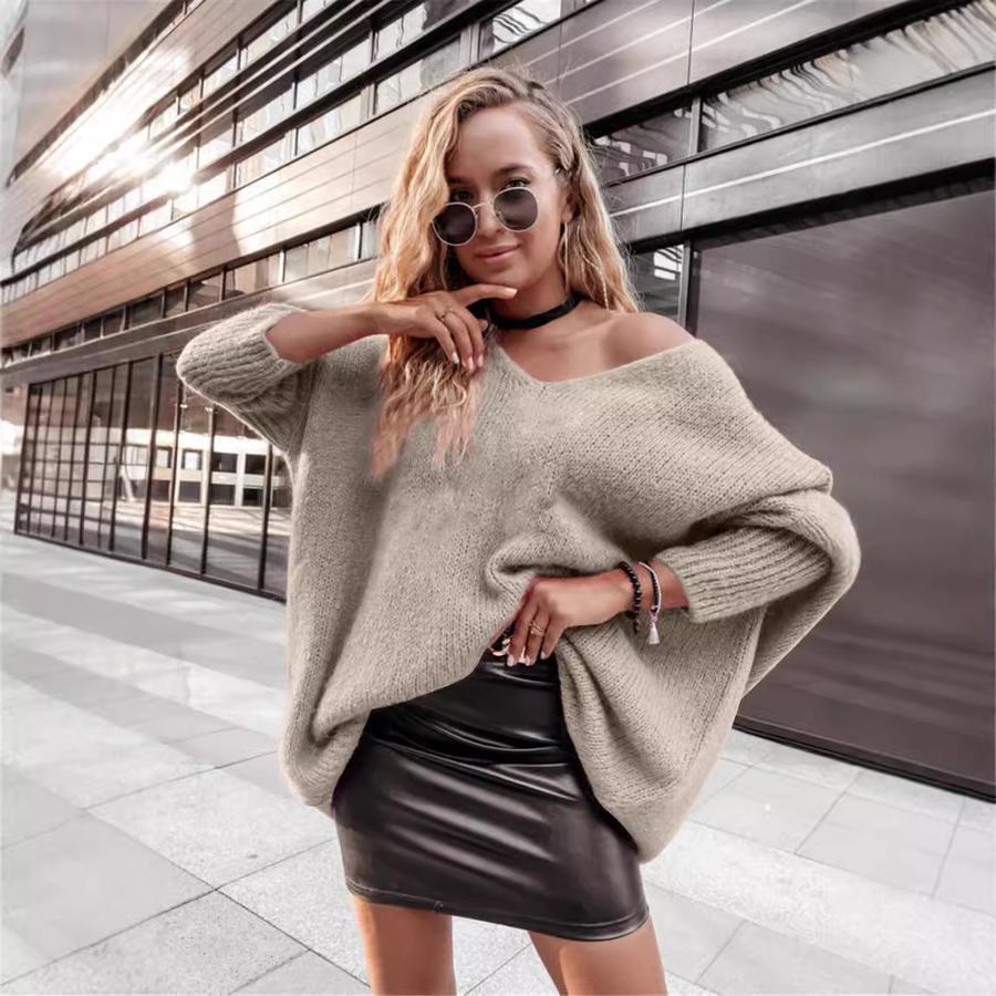New Loose Batwing Sweater Candy Color V-Neck Off-Shoulder Knit Pullover Casual Women's Sweater