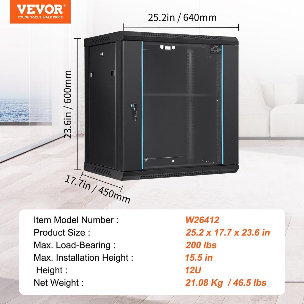12U Wall Mount Network Server Cabinet, 15.5'' Deep, Server Rack Cabinet Enclosure, 200 lbs Max. Ground-mounted Load Capacity, with Locking Glass Door