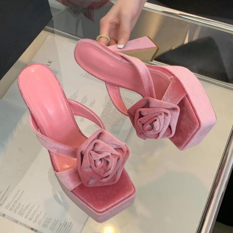 Fashion Chunky Platform Woman Slippers Velvet Rose Open Toe Wedding Banquet Sandals 13CM High Heels Slide Shoes Sandalias De Mujer