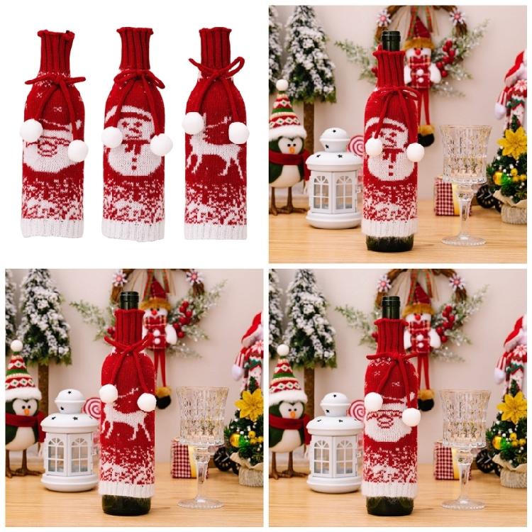 Set of 3 Festival Knitted Wine Bottle Sleeves With Gradual Color Featuring Santa, Snowmans, and Reindeers Wine Bottle Cover