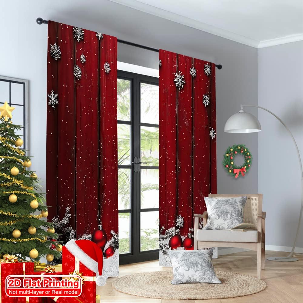 2D Flat Printing 2pcs Merry Christmas Curtain Festive Snowflakes and Pine Branches Versatile 100% Polyester Without Electricity