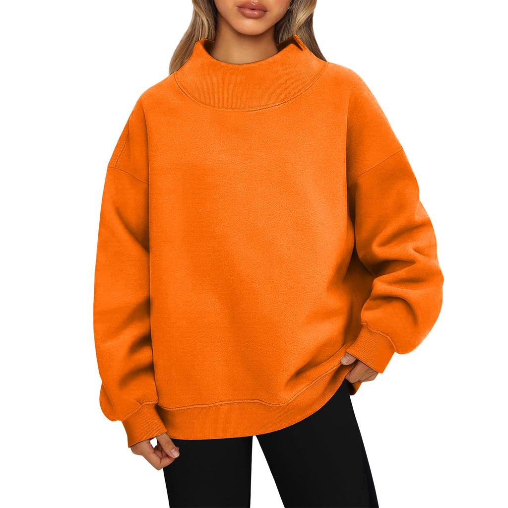 Ladies' Fashionable Loose High Neck Long Sleeved Solid Color Hoodie Top Pullover