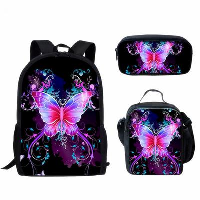 Cartoon Popular New Butterfly Pattern 3D Print 3pcs/Set Student School Bags Laptop Daypack Backpack Lunch Bag Pencil Case