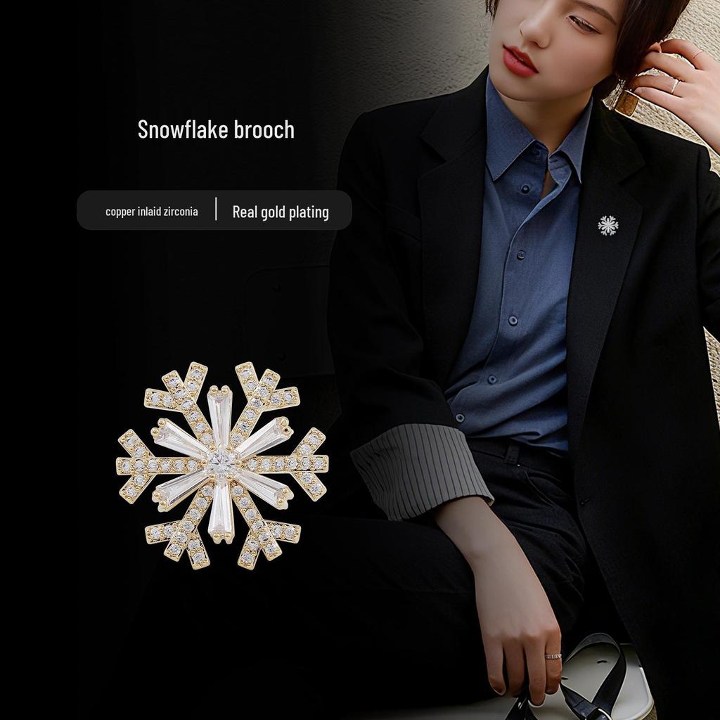 Elegant Snowflake Brooch for Women, Luxury Feel, Zirconia Accents, Lapel Pin with Anti-Slip Button