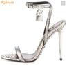 Fashion Metallic Heel Lock Ankle Strap Sandals Round Toe Slingback One Word Belt High Heels Stiletto Heel Women Fashion Sandals Padlock