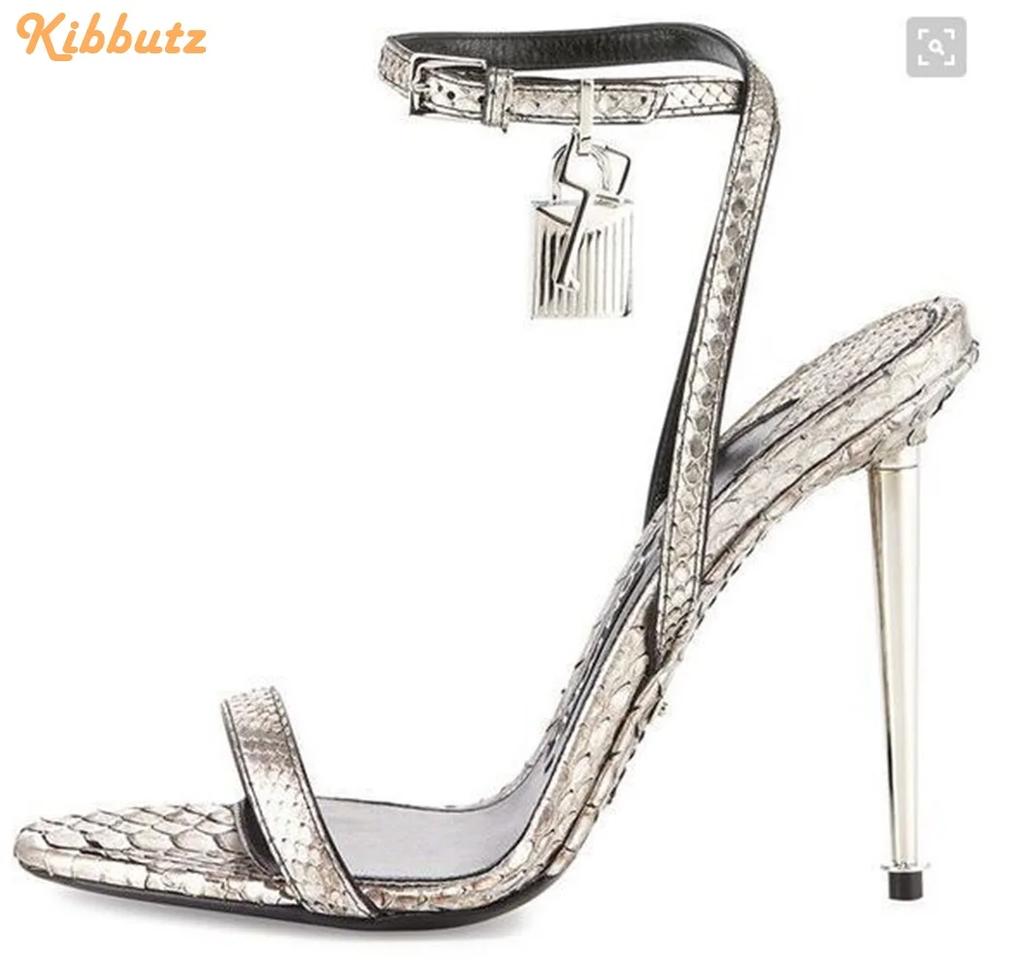 Fashion Metallic Heel Lock Ankle Strap Sandals Round Toe Slingback One Word Belt High Heels Stiletto Heel Women Fashion Sandals Padlock