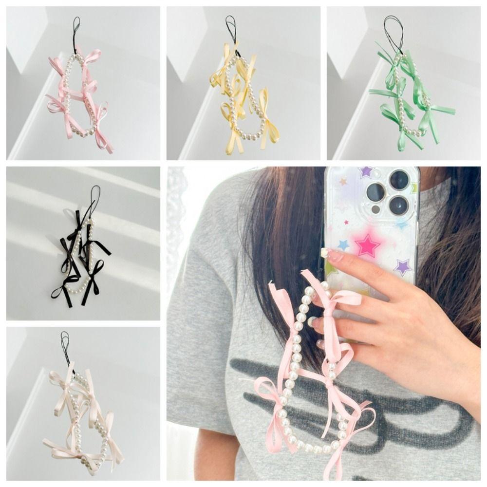 

Pearl Lace Bowknot Phone Chain Ballet Style Beaded Hanging Pendant Women Girls белый