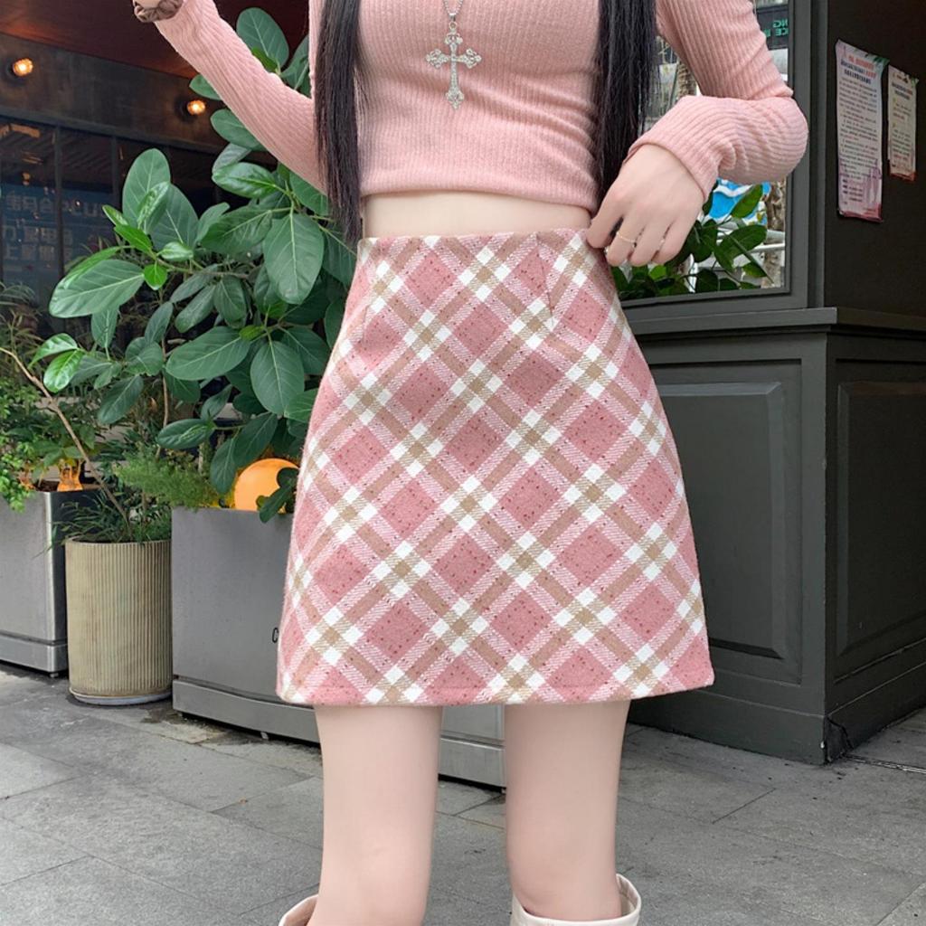 Sweet & Spicy Pink Plaid High-Waisted Midi Skirt – Women's Slimming A-Line Wool Blend Skirt for Spring & Autumn