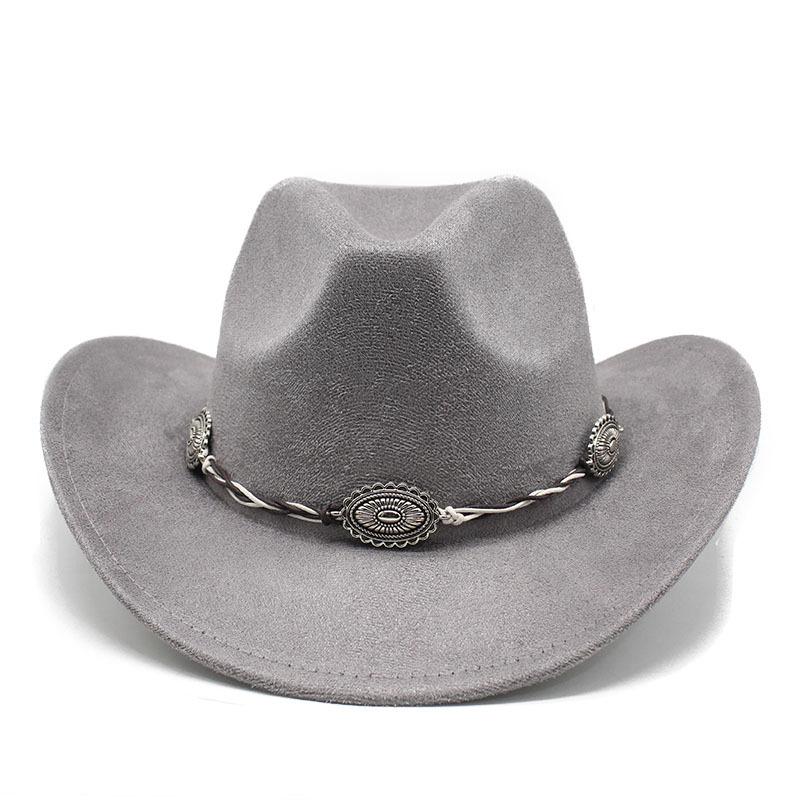 Semišový Upturned Edge Western Cowboy Klobouk Muži a ženy Outdoorový cestovní klobouk Rolled Brim Etnický styl Cylindr Plstěný klobouk