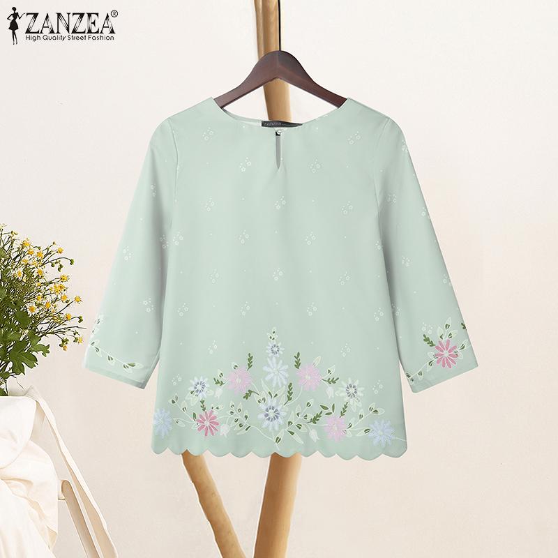ZANZEA Kvinner Casual Rund Hals 3/4 Erme Løs Trykk Bluse