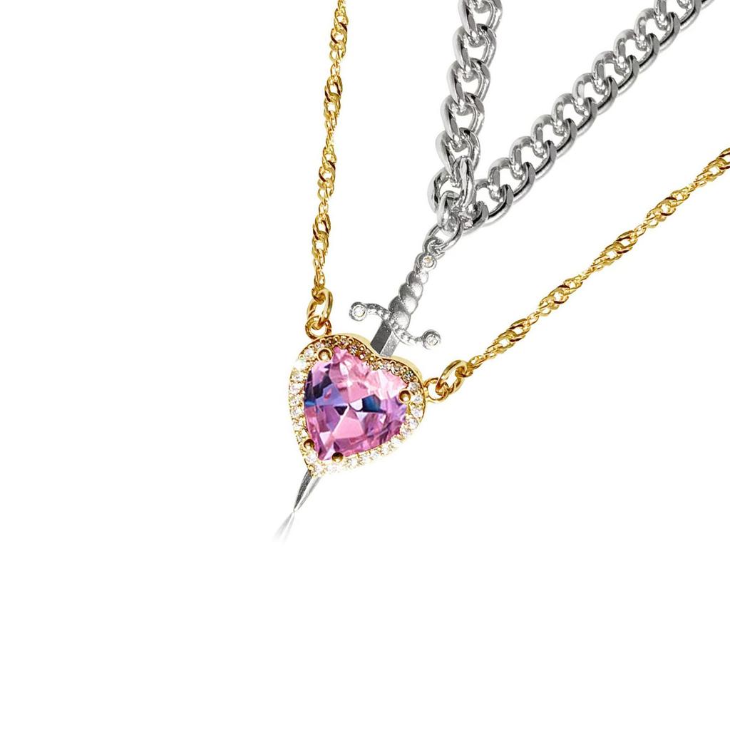 Crystal Heart and Swords Zircon Pendant Necklace for Women Men Adjustable Neckchain Silver/Gold Plated Chain Choker