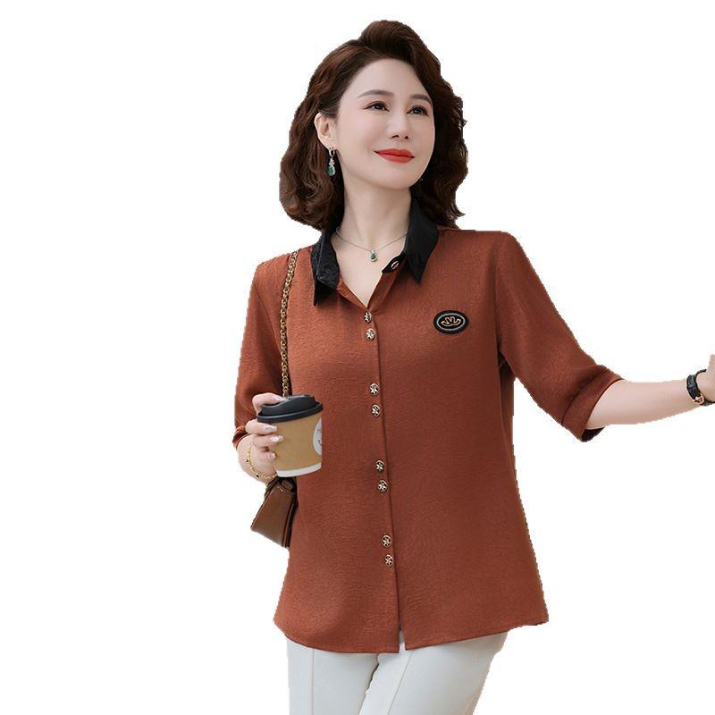 Women's Casual 3/4 Sleeve Shirt, Summer 2025, Turn-Down Collar, Slimming Top, Middle-Aged Mother's Blouse.