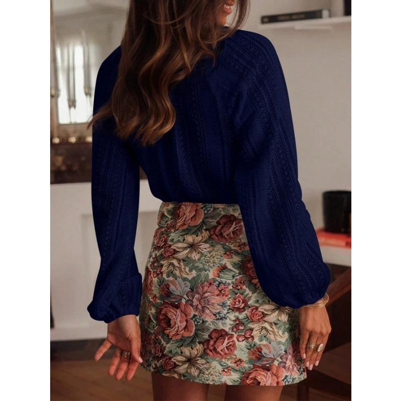 Loose Fashionable Hollow Lace V Neck Long Sleeve Shirt For Women