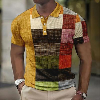 Men'S Polo Shirt Striped Plaid Print Vintage 3D Print Summer Button Down Collar Casual Short Sleeve Oversized Tops Men Clothes